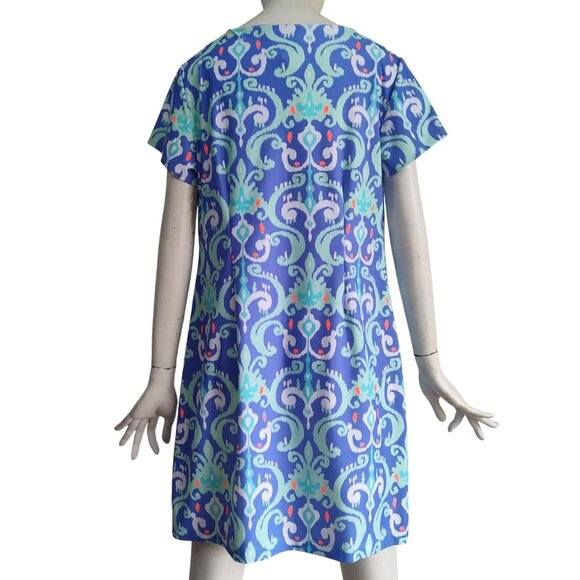 Britt Ryan Bohemian Print Pockets Nylon Spandex Stretch Mini Shift Dress Sz L - Picture 2 of 7